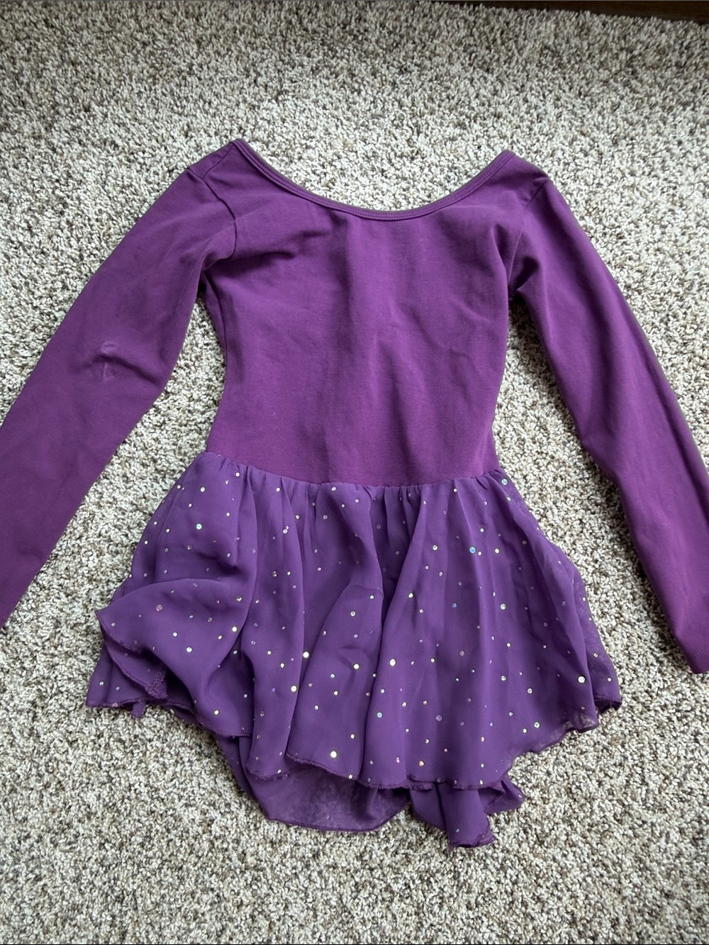 Arshiner size 140 Girls' Purple Long-Sleeve Dance Leotard with Sparkle Skirt